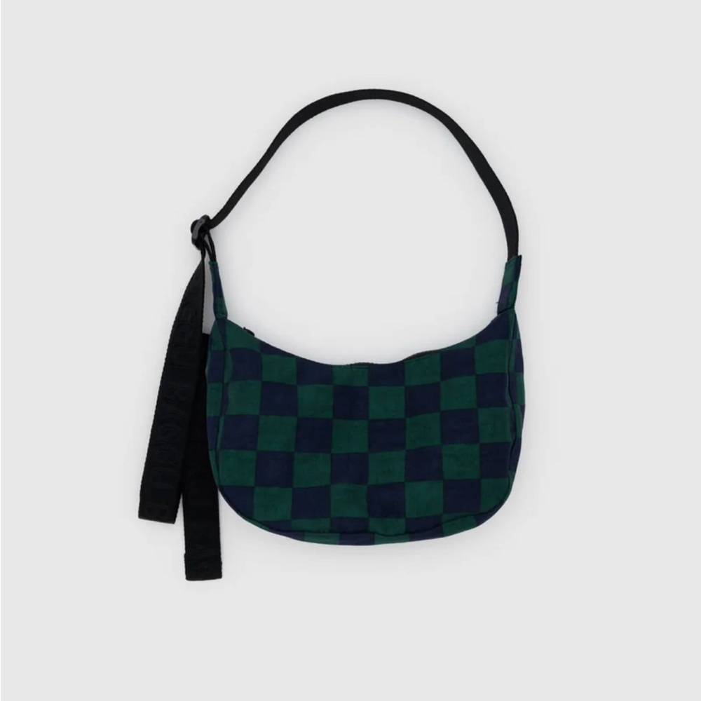 BAGGU navy green check small crescent bag